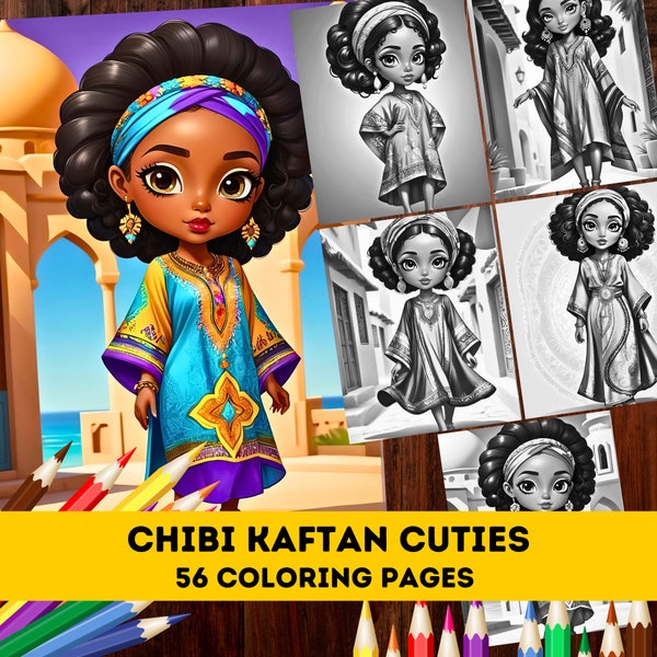 56 Cute Chibi Arabian Girls in Kaftans Coloring Pages| Melanin Kawaii Fashion Coloring Pages for Adults Kids|Instant Download PDF