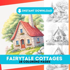 28 Fairytale Cottage Coloring Book Pages| Adults kids Grayscale Coloring Page| Instant Download| Printable PDF| Flower Houses| Fairy Houses