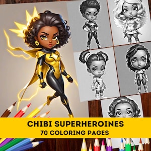 70 Cute Chibi Superheroines with cool power Grayscale Coloring Pages| Melanin Kawaii Fashion Coloring Pages for Adults| Instant Download PDF