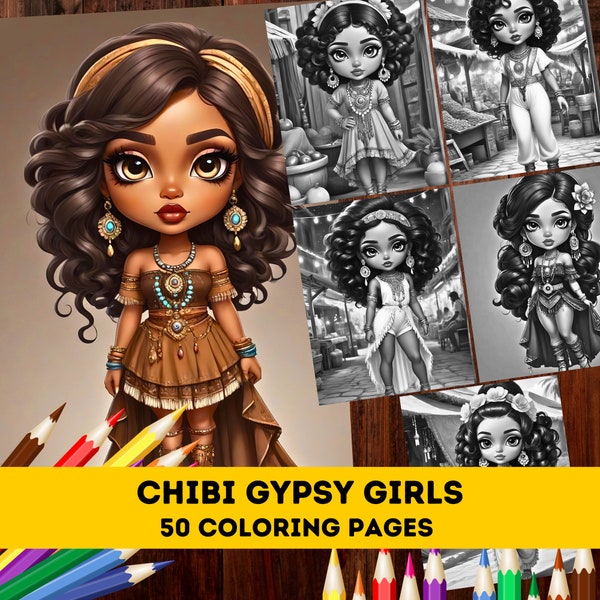 50 Cute Chibi Gypsy Girls in Market Grayscale Coloring Pages| Melanin Kawaii Fashion Coloring Pages for Adults Kids|Instant Download PDF