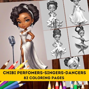 82 Chibi Performer, Ballet Dancer, Singer Girls Grayscale Coloring Pages| Kawaii Fashion Coloring Pages for Adults Kids|Instant Download PDF