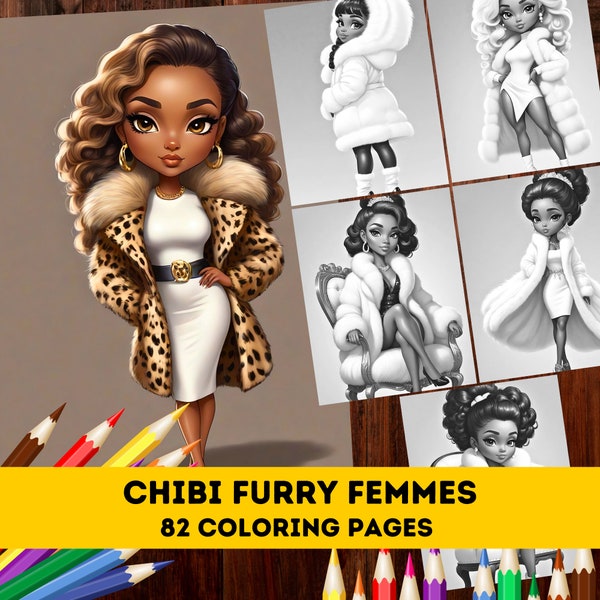 82 Cute Chibi Furry Femme Glamour Girls Grayscale Coloring Pages| Melanin Kawaii Fashion Coloring Pages for Adults Kids|Instant Download PDF