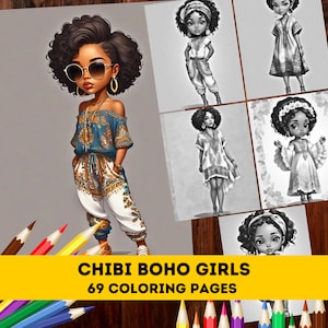 69 Cute Chibi Boho Girls Grayscale Coloring Pages| Melanin Kawaii Fashion Coloring Pages for Adults Kids|Instant Download PDF