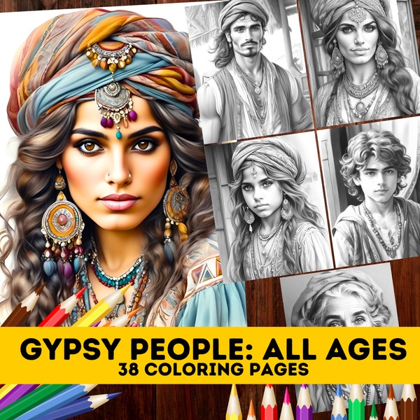 38 Gypsy Women Men Grayscale Coloring Book Pages| Romani Girls Boys Coloring pages| Adults Kids Grayscale Coloring| Instant Download| PDF