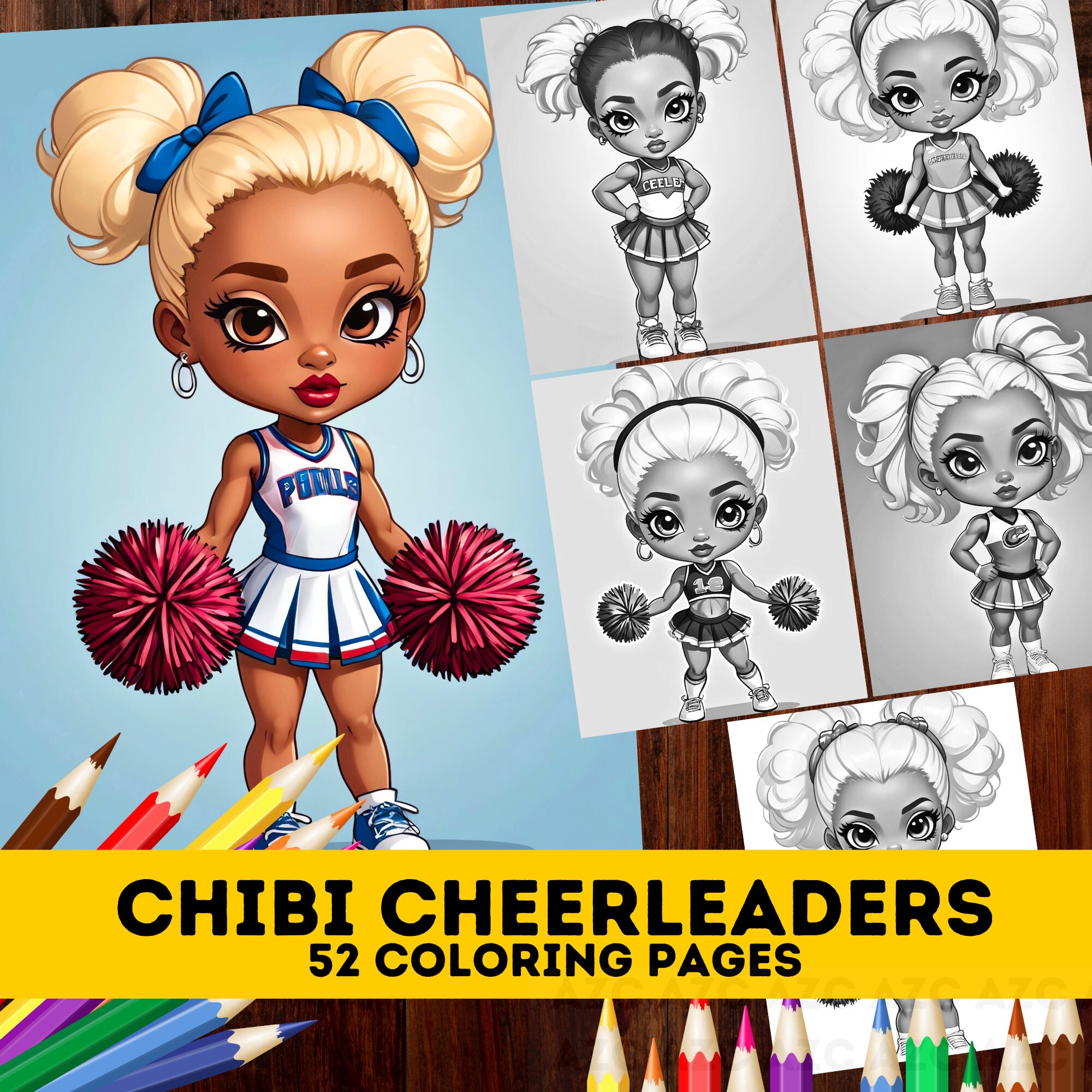 52 Cute Chibi Cheerleader Girls Grayscale Coloring Pages Melanin Kawaii ...