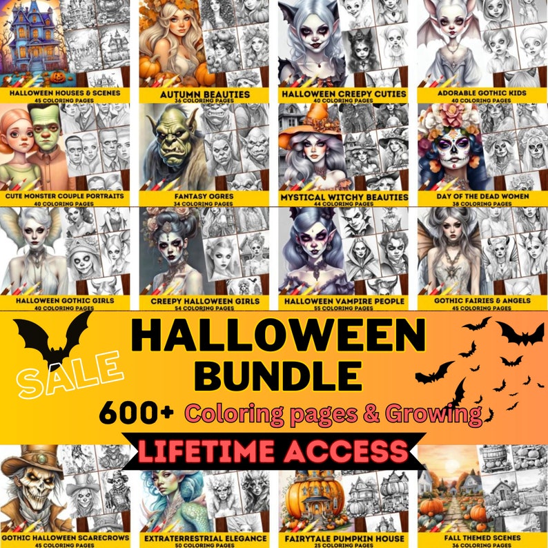 Halloween Coloring Pages Bundle | Gothic Horror, Grayscale (digital ...