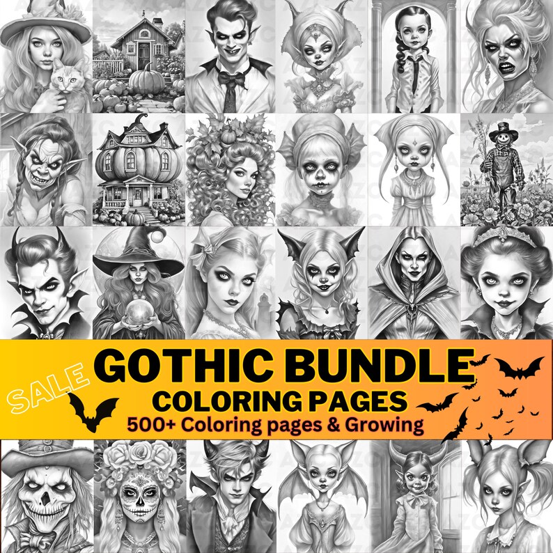 Halloween Coloring Pages Bundle | Gothic Horror, Grayscale (digital ...