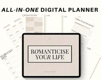May include: A digital planner with the text "Romanticisize Your Life" on a tablet screen. The planner includes a 2023-2024 calendar, yearly goals, weekly planner, gratitude journaling, to-do list, and personal journaling space.