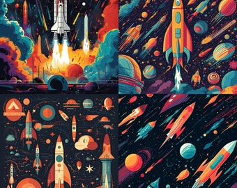 Space Themed Seamless Patterns, 4 Seamless Patterns, Wallpaper, Seamless Pattern for Paper, Fabric and Crafts, Commercial use