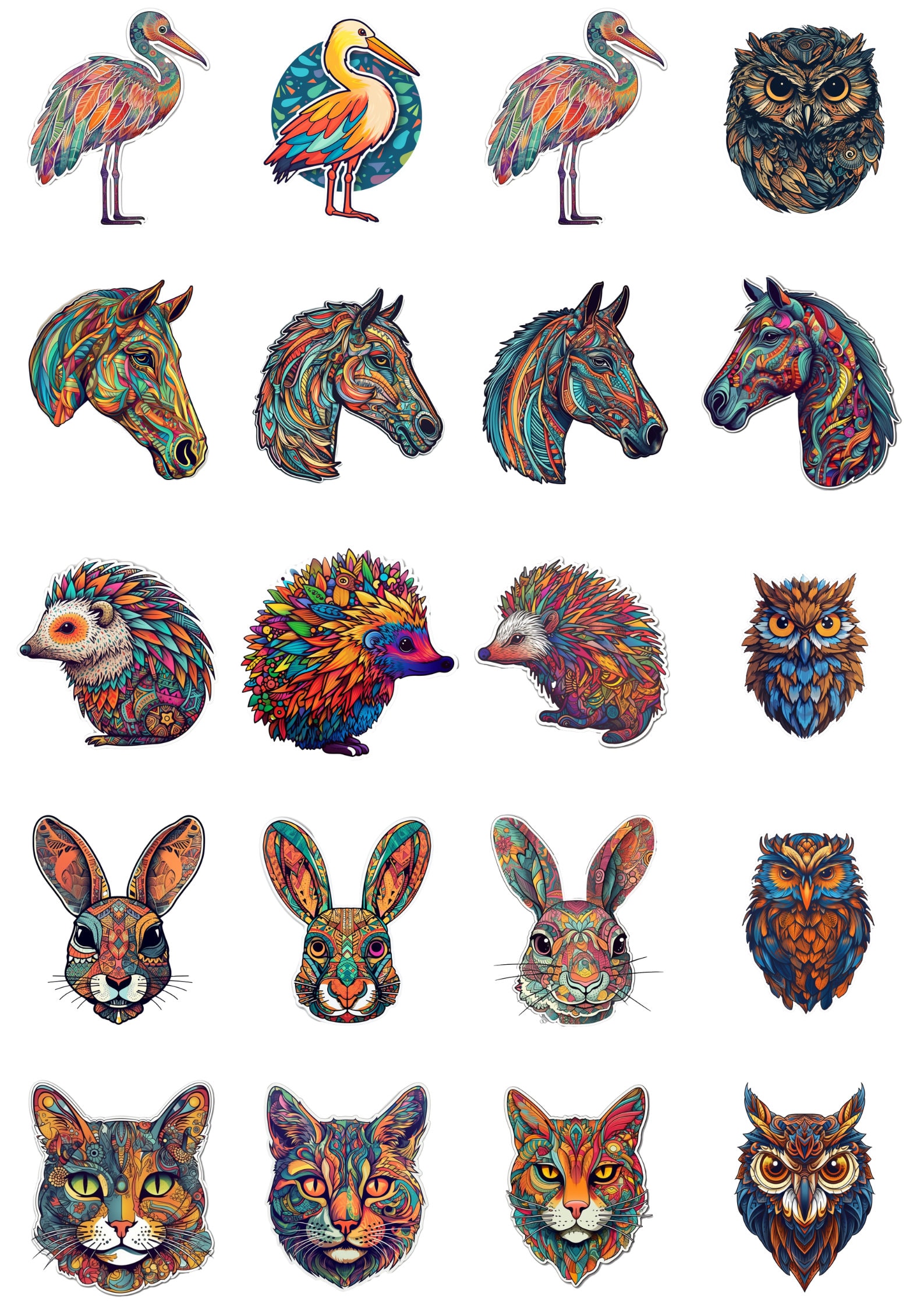 Colourful psychedelic animal stickers, sheet template, horses, owls, cats, storks, hedgehogs, 20 ima