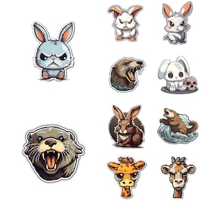 May include: A set of nine cartoon animal stickers featuring a variety of animals, including a rabbit, otter, giraffe, and a skull. The stickers are all in a cartoon style and have a bright, colourful design.