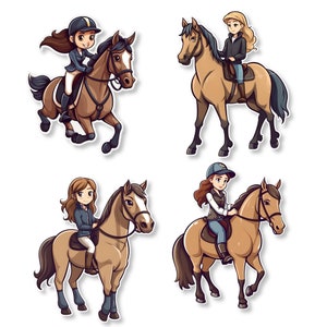 Four images of a girl horse riding and jumping. Sticker Digital Art - Digital Download