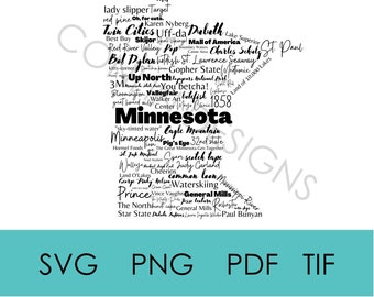May include: A black and white word cloud with the word "Minnesota" in the centre. The word cloud includes various landmarks, cities, and phrases associated with the state of Minnesota, such as "Twin Cities", "Duluth", "St. Paul", "Land of 10,000 Lakes", "Gopher State", "Mall of America", "Red River Valley", "Up North", "Skijor", "Eagle Mountain", "Pig's Eye", "Waterskiing", "General Mills", "Paul Bunyan", and "Common Loon".