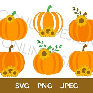 Pumpkin with sunflowers png svg, pumpkin bundle, fall svg, autumn, thanksgiving, silhouette, cameo, cricut sublimation digital file