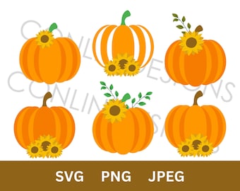 ひまわりとカボチャ png svg、カボチャの束、秋 svg、秋、感謝祭、シルエット、カメオ、クリカット昇華デジタルファイル
