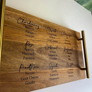 May include: A wooden serving tray with a gold handle, featuring a list of wine pairings with different cheeses and other foods. The tray is labeled with different wine varietals, including Chardonnay, Moscato, Champagne, Cabernet, Zinfandel, Pinot Noir, Syrah, and Merlot.