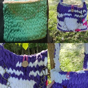 May include: Hand-knitted tote bags/purses in shades of green and purple, white, and pink. The bags feature a chunky knit design, chain accents, and wooden button closures. The text "The Hand Loop Tote/Purse" and "FunandCreativeGifts" are visible.