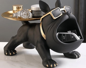Portachiavi con statua di cane Bulldog francese con vassoio e regalo di archiviazione Decorazioni per la casa Ornamenti Decorazioni per la camera Figurine di animali