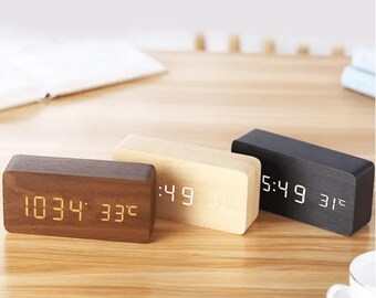 Wooden Digital Alarm Clock, LED Alarm Clock with Temperature Desk Clocks for Office,Bedside Clock