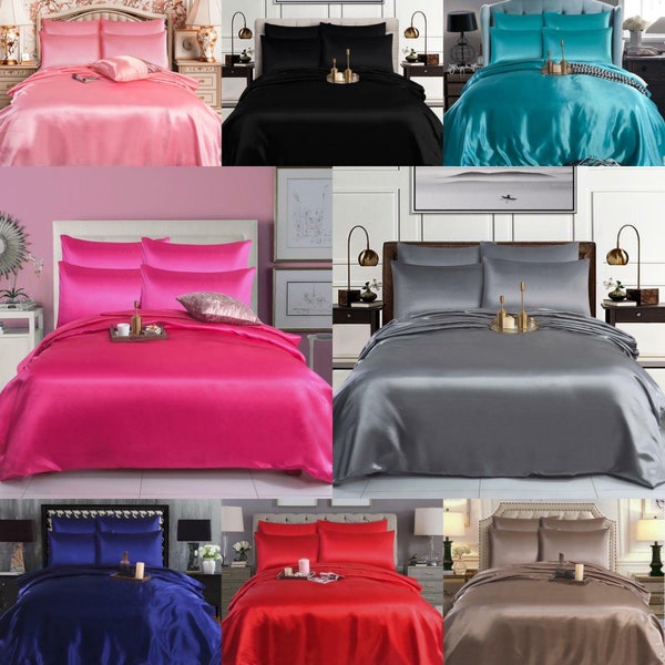 6PCS Satin Duvet Cover Bedding Set Plain Luxury Soft Bed Set Available in Sizes (Single, Double, King and Super King Size) Same Day Dispatch