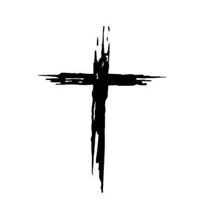 Może przedstawiać: Czarny krzyż o szorstkiej fakturze pociągnięć pędzla. Krzyż jest symbolem religijnym.