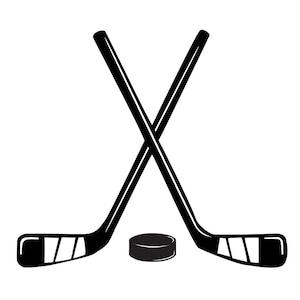 May include: Two black hockey sticks crossed over each other with a black hockey puck in the center.