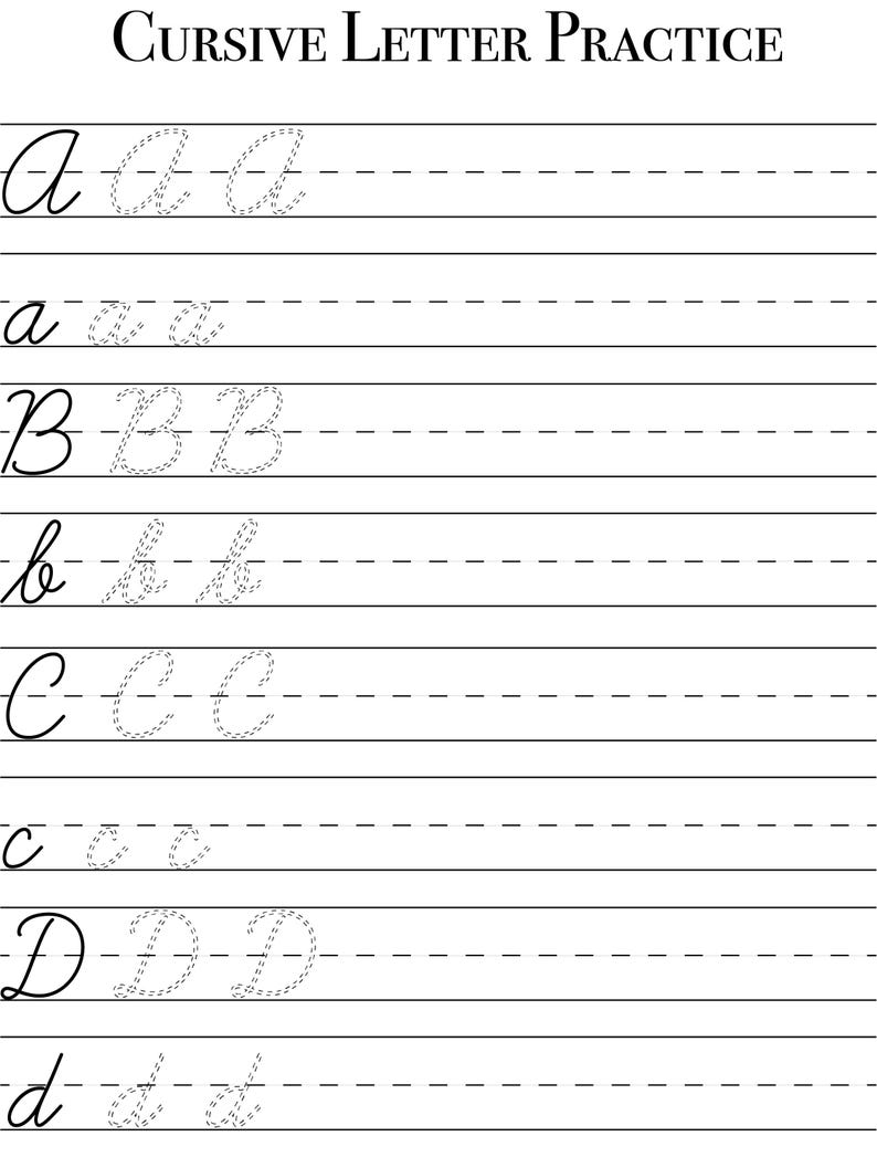 Cursive Letter Practice Printable Worksheet, Traceable Letters, 7 Page