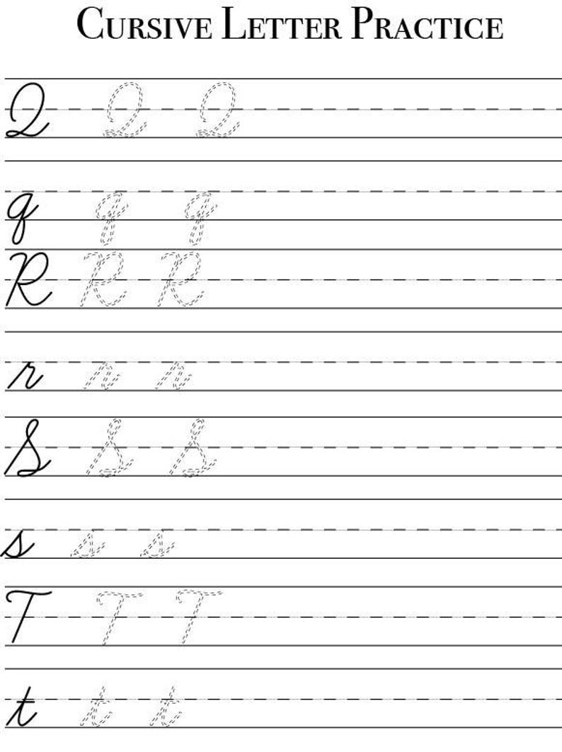 Cursive Letter Practice Printable Worksheet, Traceable Letters, 7 Page