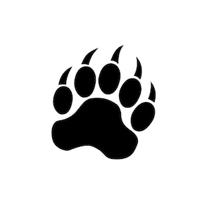 May include: Black silhouette of a bear paw print with five toes and claws.