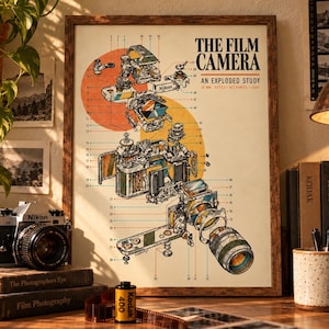 May include: A framed poster titled THE FILM CAMERA AN EXPLODED STUDY, featuring a detailed technical diagram of a 35mm Nikon camera with numbered parts, orange and yellow circular accents, and text on a cream background in a dark wood frame.