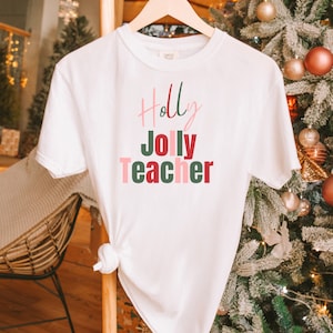 Holly Jolly Lehrerin, Weihnachten Feiertage Klasse Party Shirt, Nikolaus Frohe Elf Rundhalsausschnitt Schneemann Schnee Geschenk Lächeln Urlaub Weihnachten Kurzarm T-Shirt