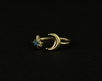 Leuchtender Mond und Stern Ring | Verstellbarer Sternring | Edelstein Mond Ring | Blauer Stein Ring | Minimalist Ring für Frauen | Alltags Schmuck