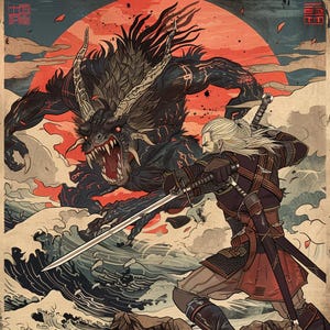 Op de afbeelding: Een digitale illustratie in Japanse stijl die een man met een zwaard toont die vecht tegen een monsterlijk wezen tegen de achtergrond van een rode zon en een stormachtige zee.