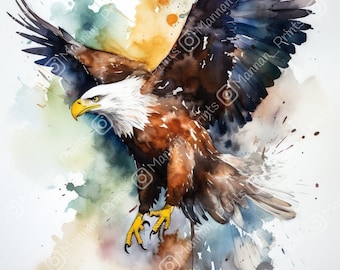 Watercolour Bald Eagle Wall Art || Digital Print, Painting, Wildlife, Nature, Animal, Eco Art