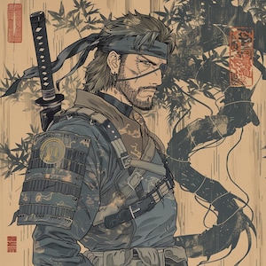 May include: A digital illustration of a character from a video game. The character is wearing a blue and grey outfit with a black eye patch and a bandana. The character is holding a sword and is standing in front of a background of bamboo and vines.