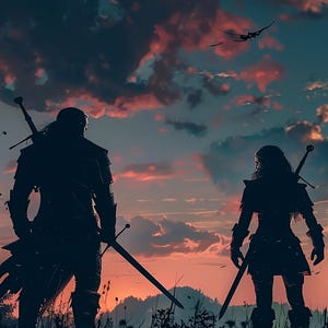 Watercolour Geralt and Ciri silhouette Wall Art || Digital Print, Painting, The Witcher, Video Game Art