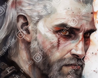 Acuarela Geralt de Rivia Wall Art // Impresión digital, pintura, The Witcher, arte de videojuegos
