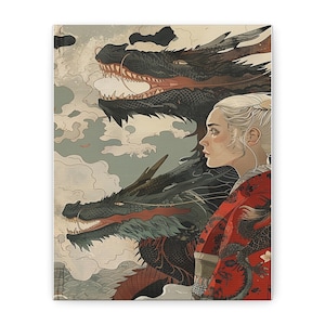 Może przedstawiać: Wydruk na płótnie przedstawiający kobietę w czerwonym kimono ze wzorem smoka, obok trzech dużych czarnych smoków. Grafika ma estetykę vintage z tle w postaci zachmurzonego nieba i japońskiego stylu artystycznego.