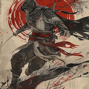 Peut inclure: Une illustration stylisée d'une figure capuchonnée vêtue d'une tenue noire et rouge, tenant une épée. La figure se tient sur un rocher avec un fond rouge et blanc. L'image a une esthétique japonaise.