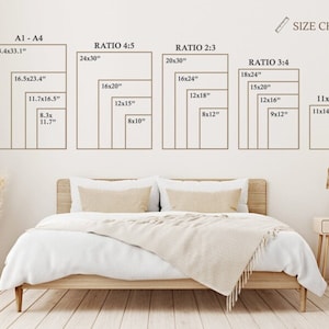Pu&ograve; includere: Una tabella delle dimensioni per le stampe d'arte, che mostra diversi rapporti d'aspetto e le dimensioni corrispondenti in pollici. La tabella &egrave; visualizzata su una parete bianca sopra un letto con un piumino bianco e una cornice in legno.
