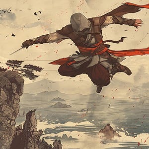 May include: A hooded figure in a red and brown outfit leaps through the air, holding a sword in their right hand. The figure is jumping from a rocky cliff overlooking a body of water with islands in the distance. The background is a light brown with red splatters.