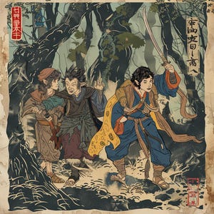 May include: An illustration in the style of a Japanese woodblock print depicts three figures in a forest. One figure holds a sword aloft, while the others appear to be reacting to something. The color palette includes blues, browns, and greens, with Japanese text in the corners.