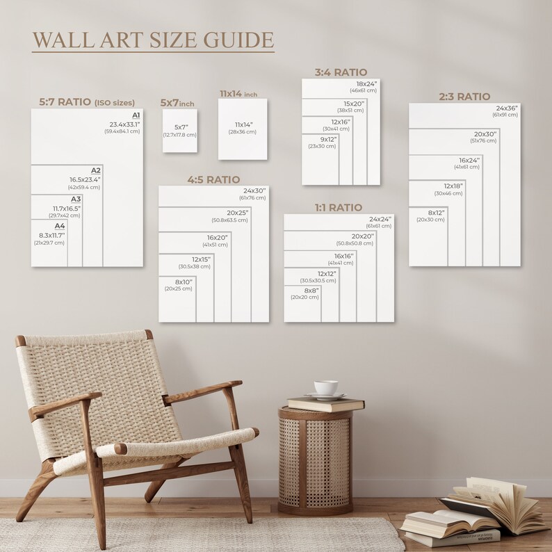 May include: A wall art size guide with different ratios and sizes in inches and centimeters. The guide shows the dimensions of various sizes of wall art, including 5:7, 3:4, 4:5, 2:3, and 1:1 ratios. The guide is displayed on a wall with a chair and a side table in front of it.