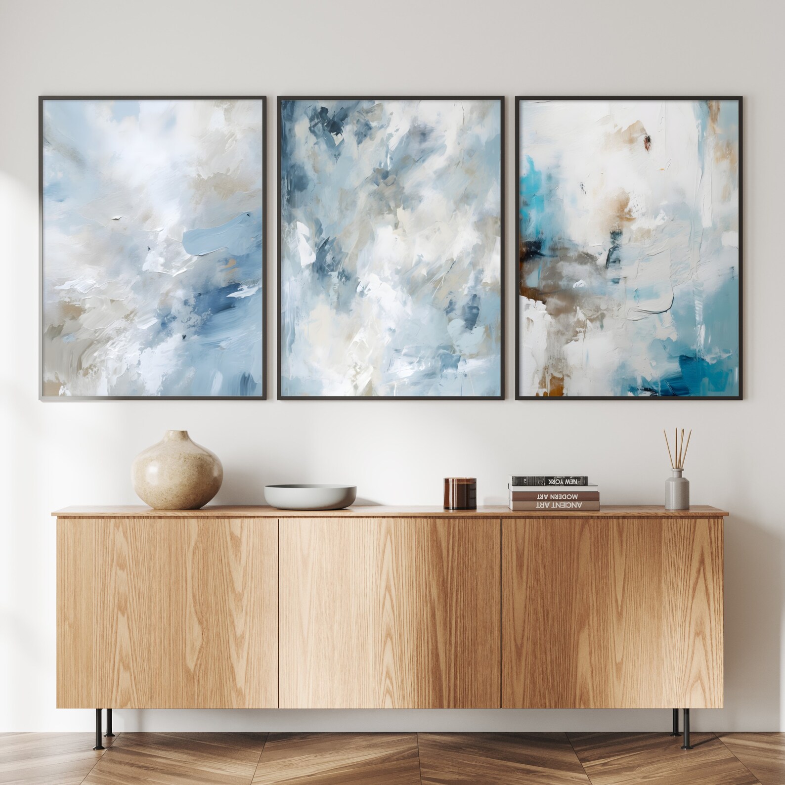 Minimalist Neutral Abstract Printable Wall Art Set of 3, Light Blue ...