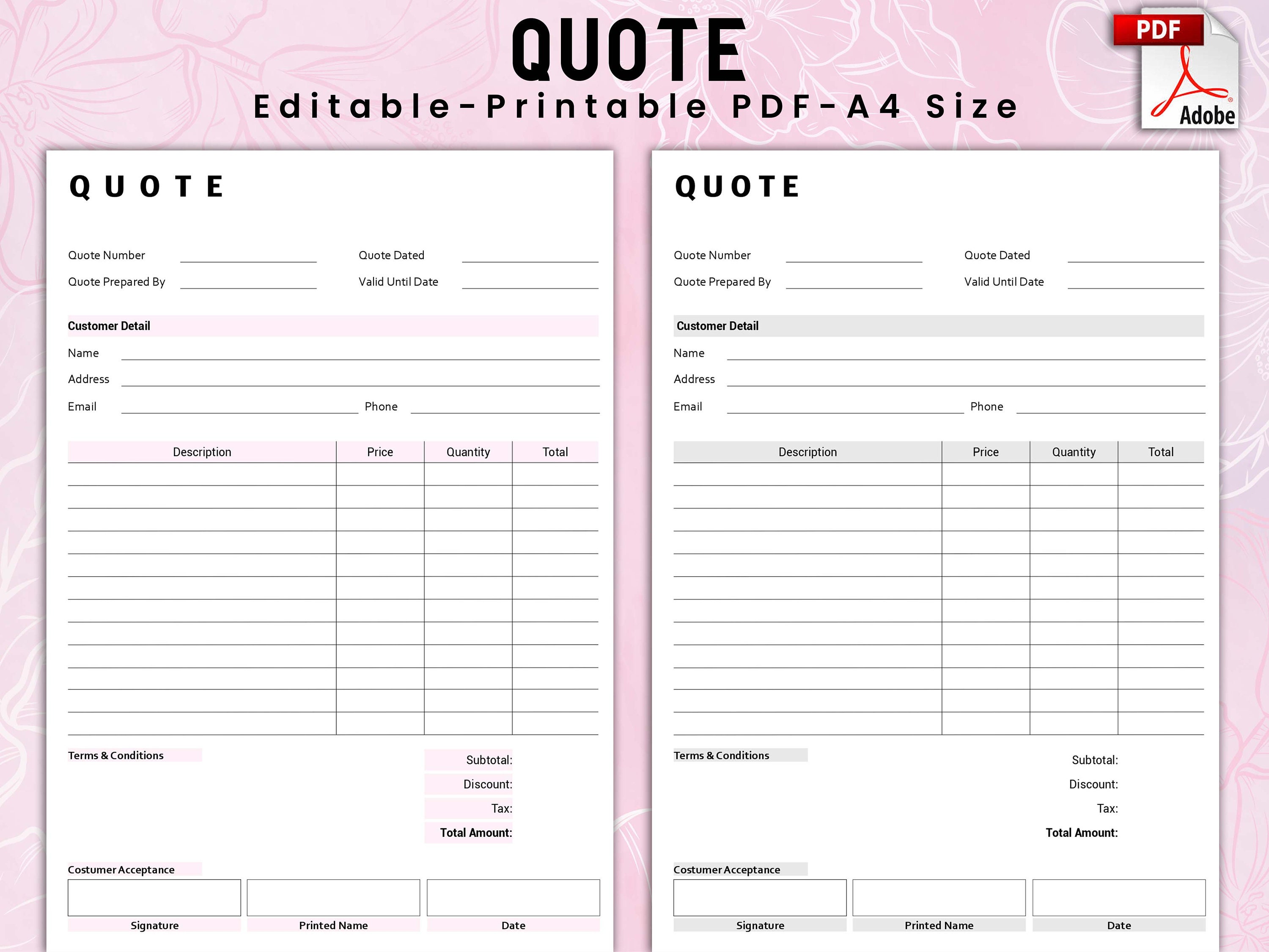 Editable Quote Template, EDITABLE Quotation Form, Small Business, Invoice Order, Job Estimate Form, Job Quote, Job Proposal, Printable Quote