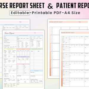 May include: A printable nurse report sheet and patient report sheet in PDF format. The sheets are designed for use in a medical setting and include sections for patient background, assessments, vital signs, medications, and more. The sheets are editable and printable in A4 size.