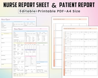 May include: A printable nurse report sheet and patient report sheet in PDF format. The sheets are designed for use in a medical setting and include sections for patient background, assessments, vital signs, medications, and more. The sheets are editable and printable in A4 size.