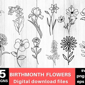 Birth Month Flower Svg Bundle, Birth Month Svg Files, Flower Svg, Flower Clipart, Birthday Svg, Birth Flowers Svg, Instant Download
