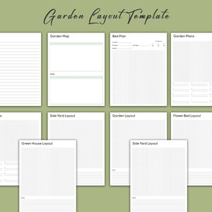 May include: A printable garden layout template with sections for notes, garden map, bed plan, garden plans, plot plans, side yard layout, garden layout, and flower bed layout. The template includes gridded areas for planning and a section for notes.