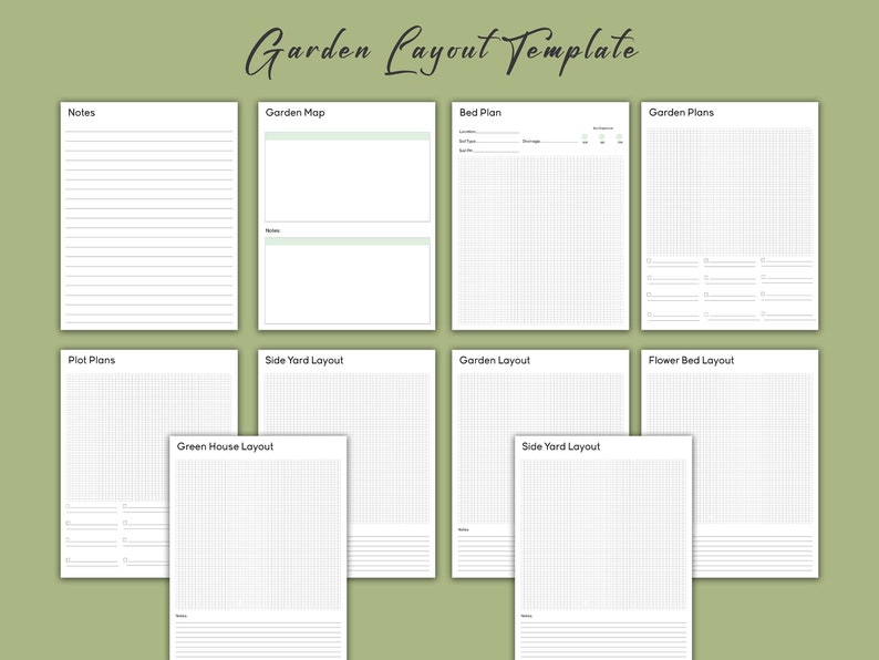 May include: A printable garden layout template with sections for notes, garden map, bed plan, garden plans, plot plans, side yard layout, garden layout, and flower bed layout. The template includes gridded areas for planning and a section for notes.